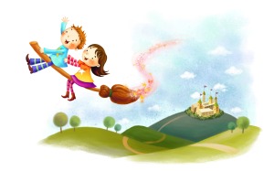 drawing-childhood-magic-fantasy-girl-boy-broom-castle-hills-trees-clouds